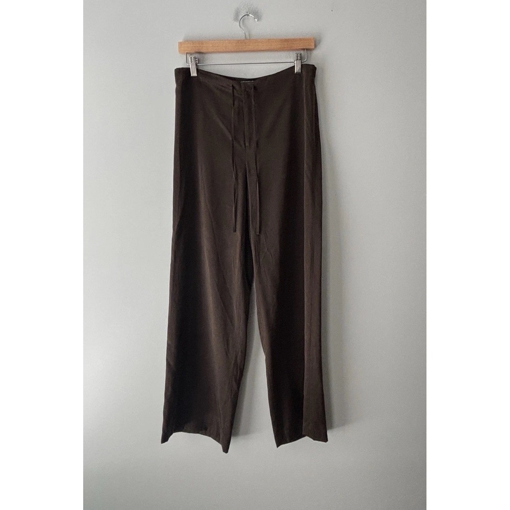 Ellen Tracy 100% Silk Chocolate Brown Drawstring Wide Leg Pants Petite Medium